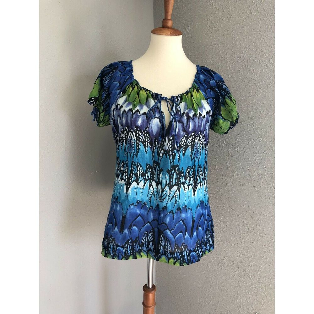 Chaudry Peacock Sequins Scoop Tie Neck Shirt Top
